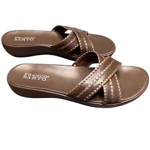 Franco Sarto Brown Leather Gold Stitching Wedge Slide Sandals Women 8 Brazil EUC